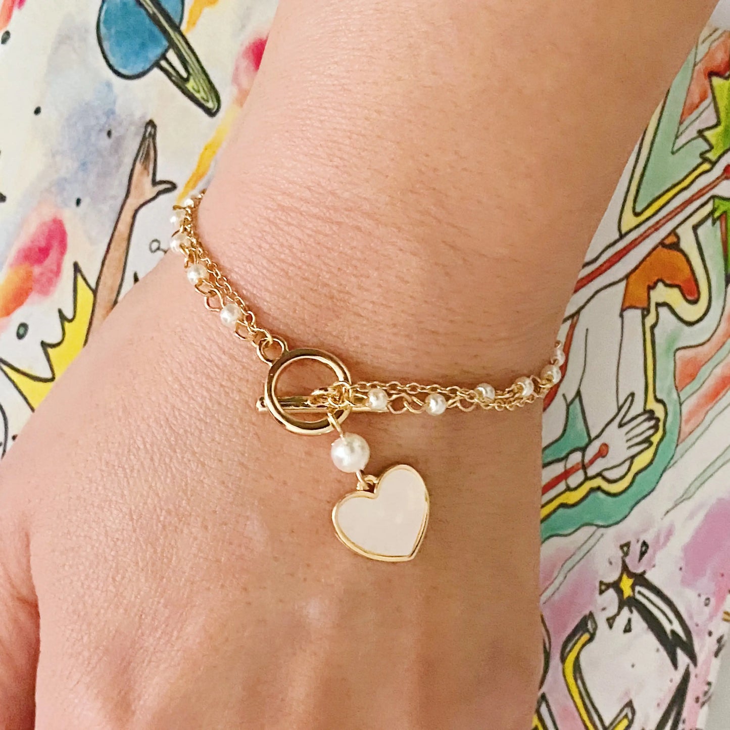 Layered Pearl Chain Heart Bracelet