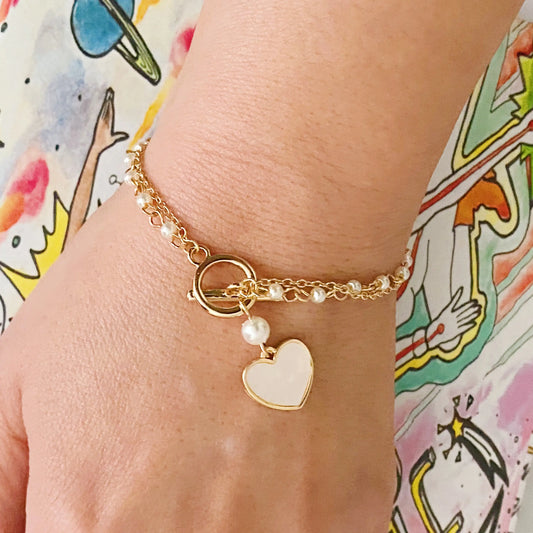 Layered Pearl Chain Heart Bracelet